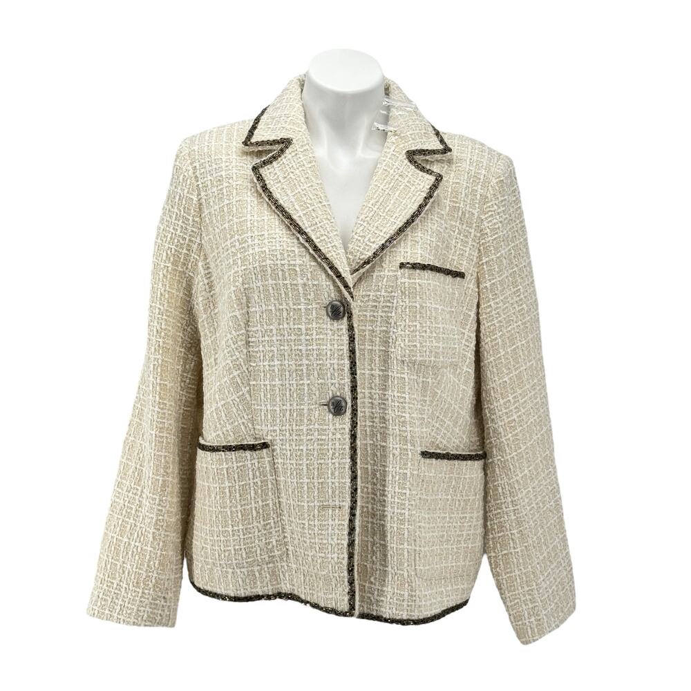 Raquel Zorraquin Campos Beaded Blazer Womens Tweed Wool Jacket 18W Cream White